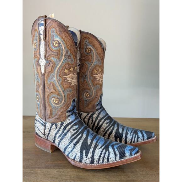 El General Cowboy Boots Mens Size 8 Stingray Lizard Zebra Stripe Pointed Toe - Picture 1 of 4